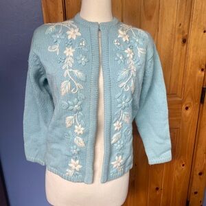 Vintage Blue and White Embroidered Cardigan Sweater